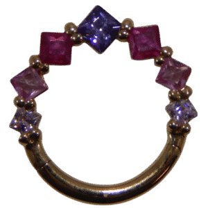 14 Karat Gold Hinged Hoop 16G 5/16th with Red & Pink Jewels